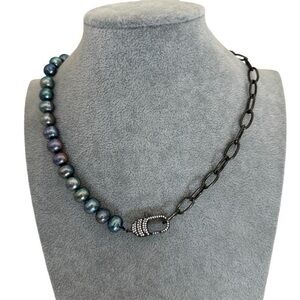 Artisan Black Sterling Silver Gray Pearl Metal Chain Diamond Necklace NEW